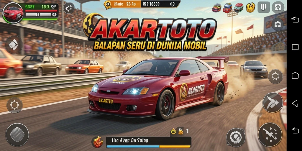 Screenshot menampilkan aksi balapan seru di AKARTOTO dengan mobil berkecepatan tinggi.