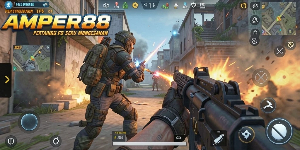 Screenshot menunjukkan aksi tembak-menembak intens dalam AMPER88.