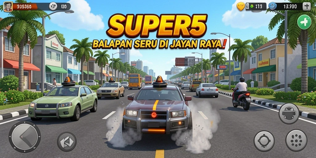 Gameplay menegangkan di balapan SUPER5 dengan mobil cepat dan lintasan menantang.