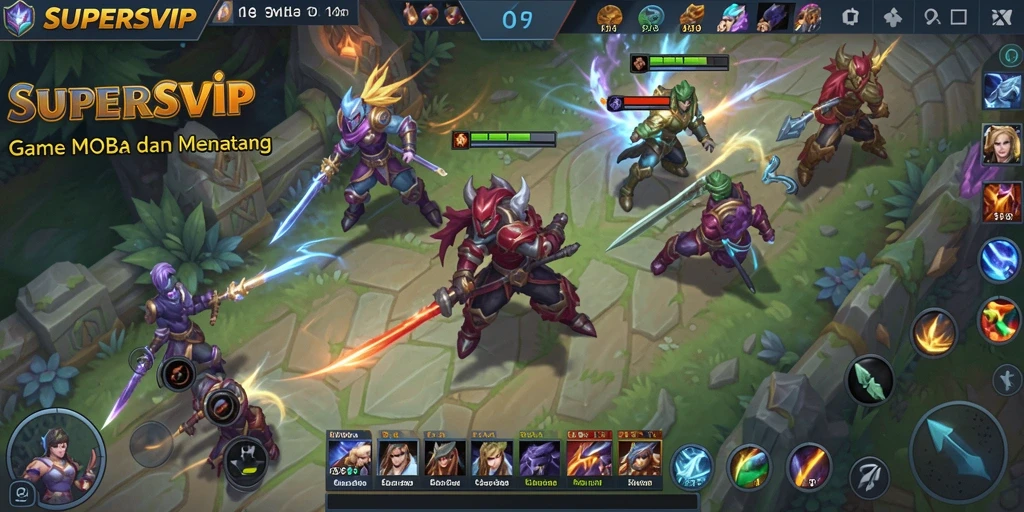 Tampilan seru gameplay <strong>SUPERSVIP</strong> dalam pertarungan MOBA yang intens.