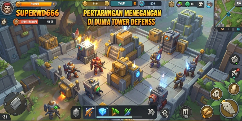 Gameplay SUPERWD666 dengan strategi menara yang menegangkan.